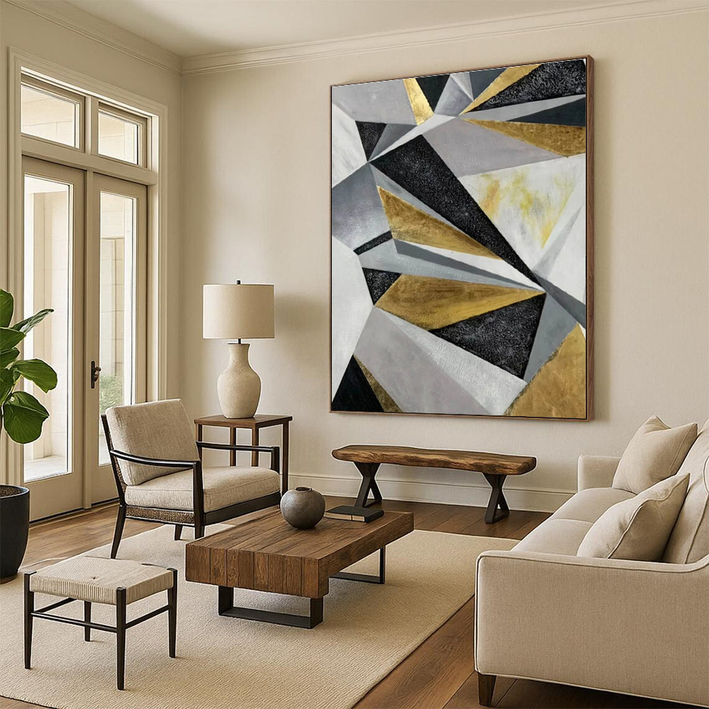 Modern Art Acrylic Gold, Gray & Black Geometric Abstract Art HS410