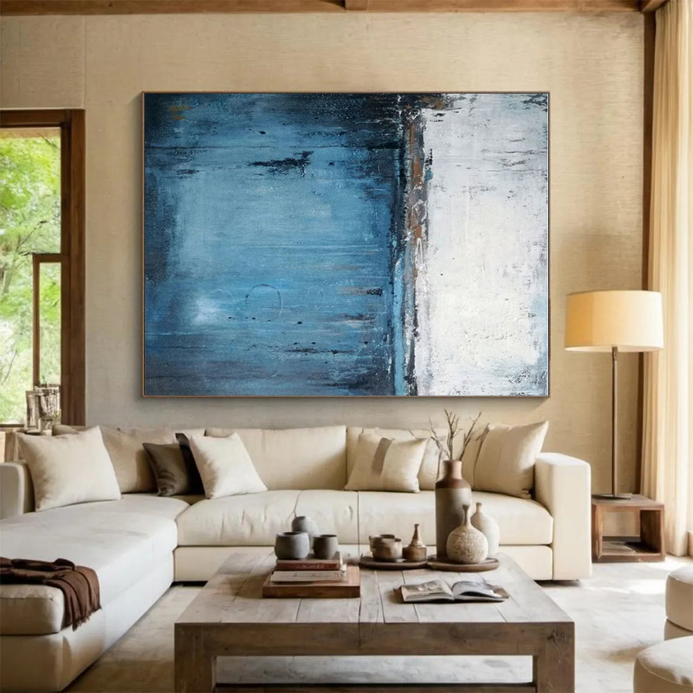 Large Contemporary Wall Art Blue and White Textured Abstract Landscape HS603