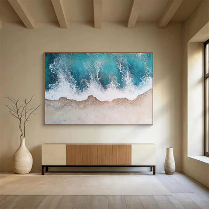 Big Size Teal, White, and Beige Textured Abstract Seashore - Acrylic Painting WB290