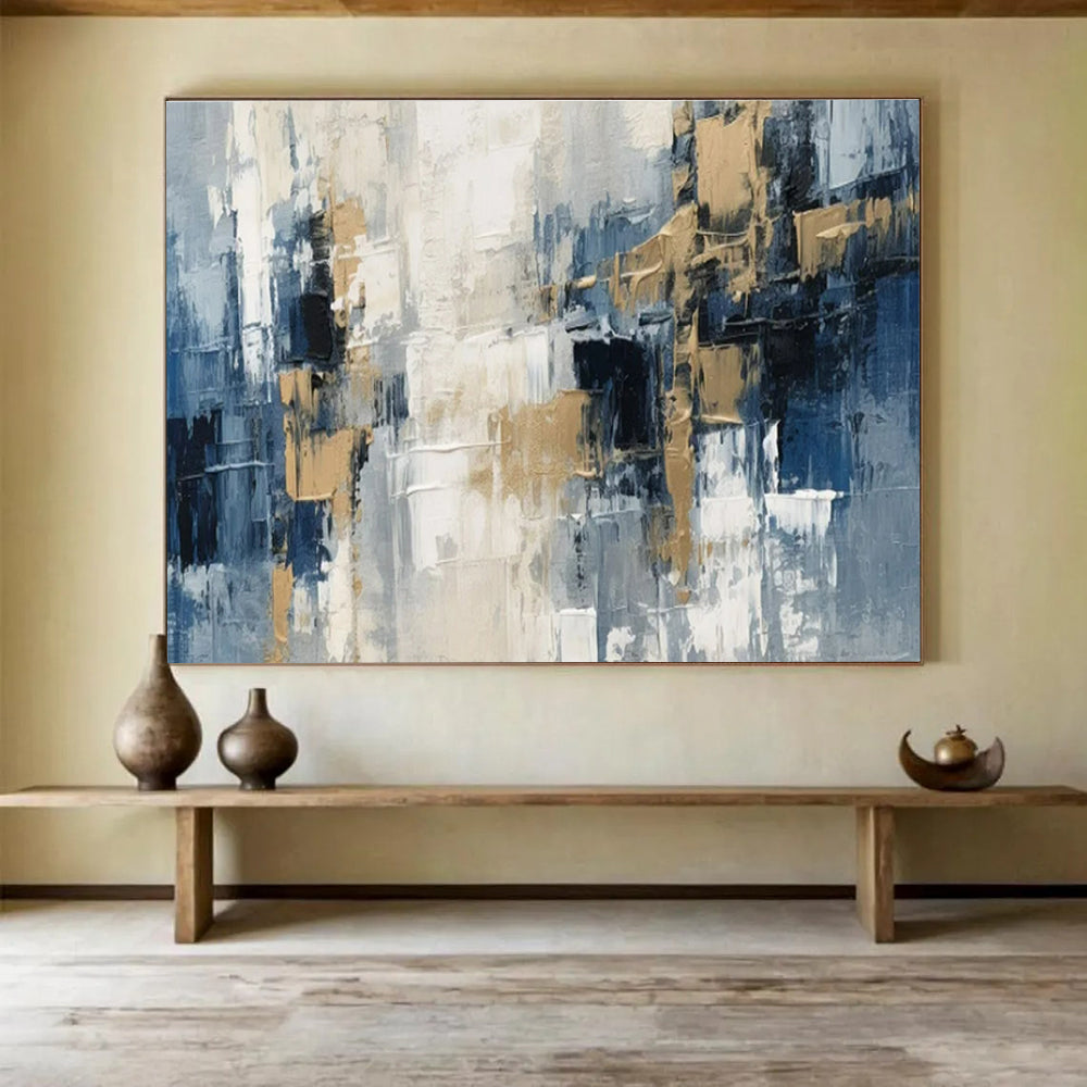 Blue, Gray, Beige Abstract Textured Cityscape Art For Sale WB395