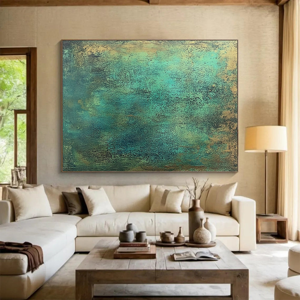 Acrylic Modern Art Paintings Teal and Gold Textured Abstract Art HS177