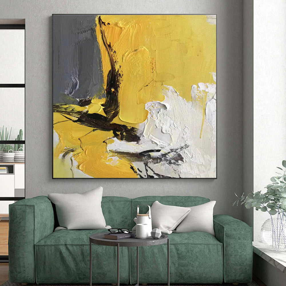 Large Size Yellow, Gray & White Textured Abstract Art HS390