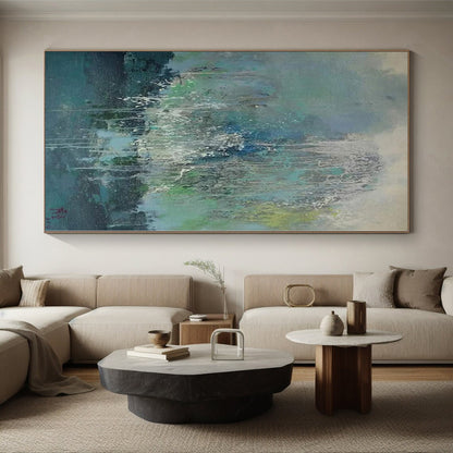 Hand-Painted Blue, Green, and White Abstract Dripping Painting For Sale HS044