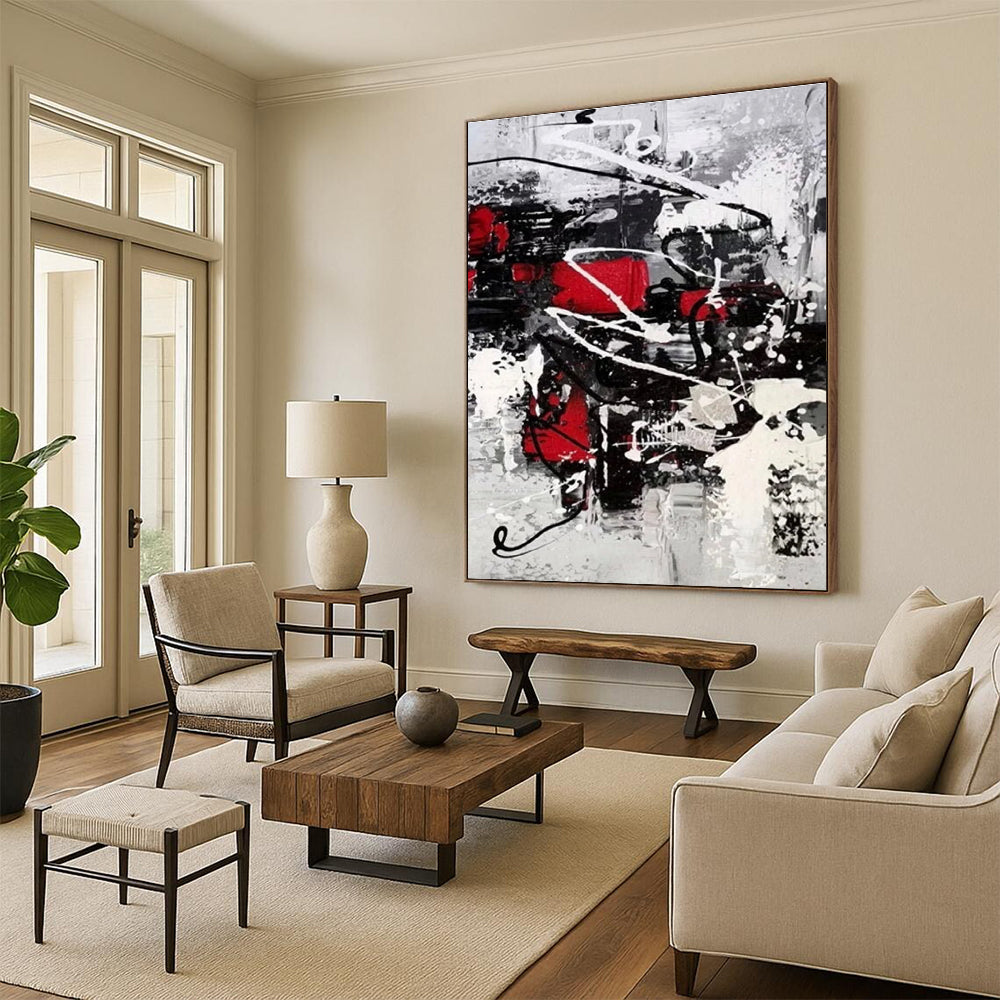 Hand-Painted Red, Black & White Gestural Abstract, Acrylic Modern Art Painting HS270