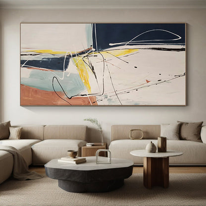 Hand-Painted Navy, Yellow & Terracotta Gestural Abstract, Acrylic Modern Art Painting HS211