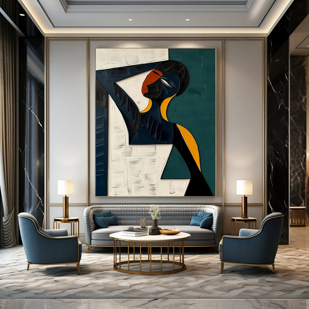 Teal, Orange, Black Abstract Figurative Art For Living Room and Bedroom WS423