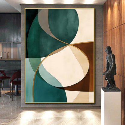 Modern Art Acrylic Teal, Brown, and Beige Circular Abstract Art HS736