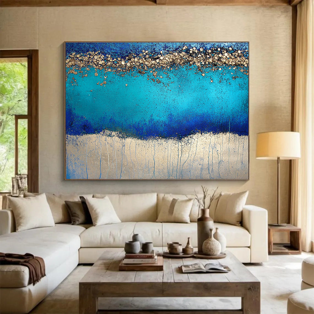Modern Art Abstract Paintings with Blue, Turquoise and Gold Colors, Textured Abstract Theme WB324