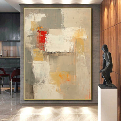 Modern Art Acrylic Gray, White, Yellow, and Red Abstract Shape Painting For Sale HS150