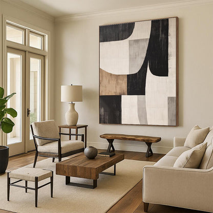 Unique Abstract Art Black, Beige, and Gray Geometric Abstract Art HS763