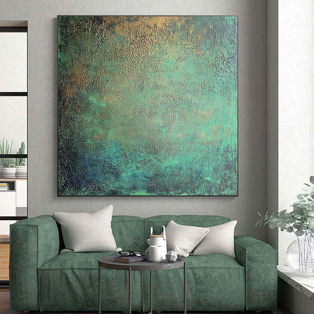 Large Size Teal and Gold Textured Patina Abstract Art HS179