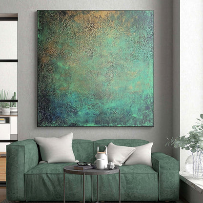 Large Size Teal and Gold Textured Patina Abstract Art HS179