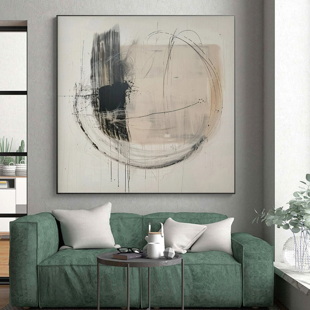 Hand Painted Art Black, White, and Beige Circular Abstract Art HS621