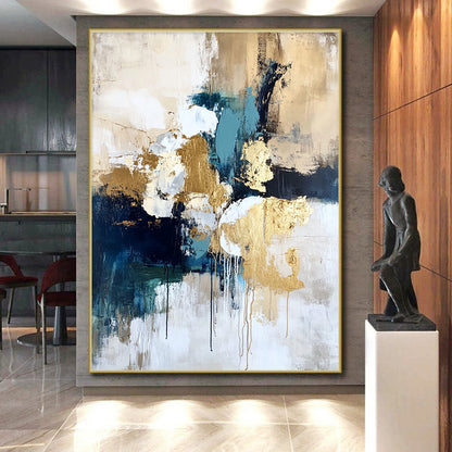 Large Contemporary Wall Art Multicolor Abstract Shape Painting with Gold Accents For Sale HS165