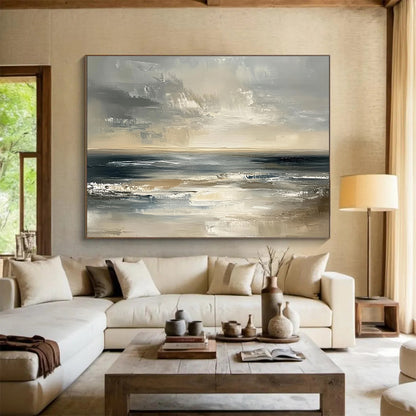 Contemporary Abstract Painting with Gray, Beige, Black and White Colors, Textured Sea Theme WB319