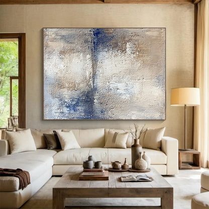 Hand Painted Art Beige and Blue Abstract Textured Landscape Painting For Sale HS123