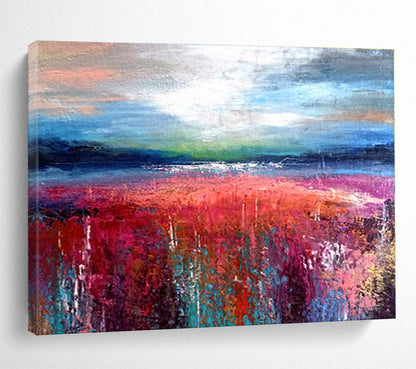 Blue, Pink, Red, Green Abstract Field and Sky Painting, Abstract Acrylic Art WB008