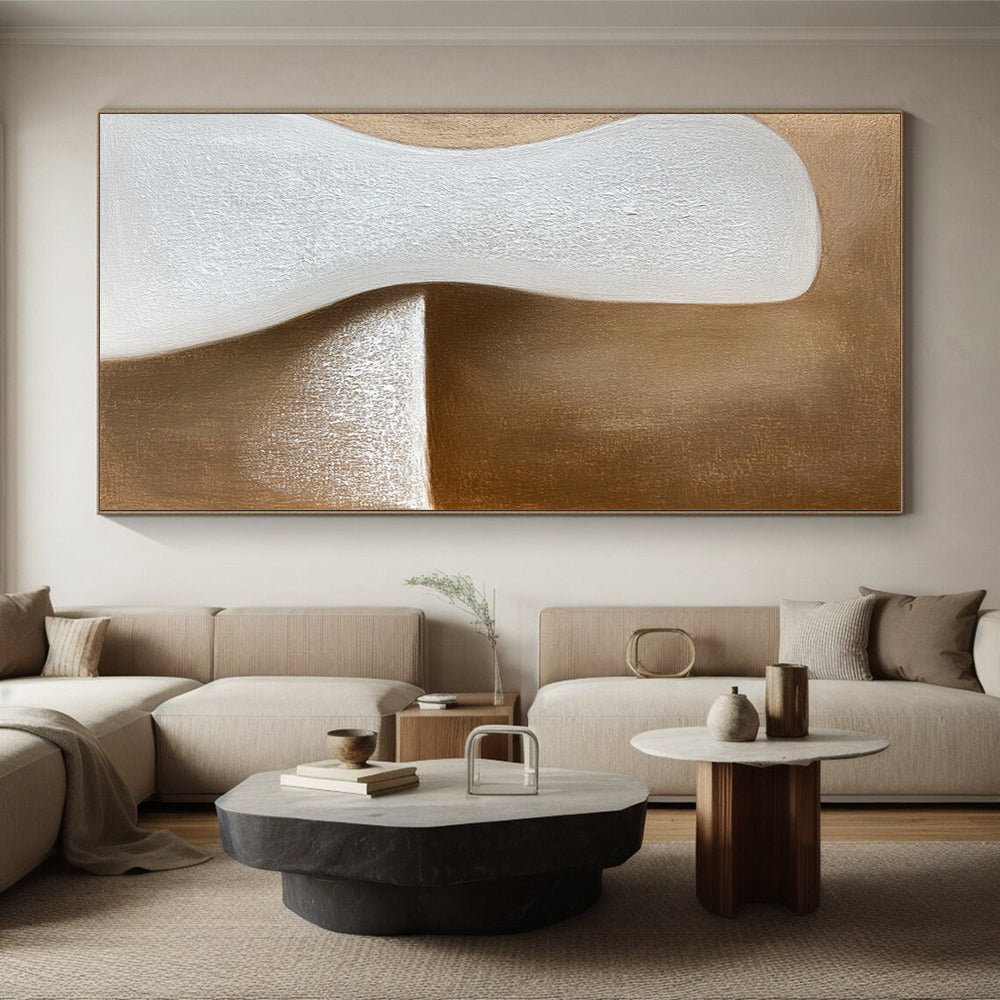 Hand-Painted White and Brown Abstract Organic Shape Painting For Sale HS161
