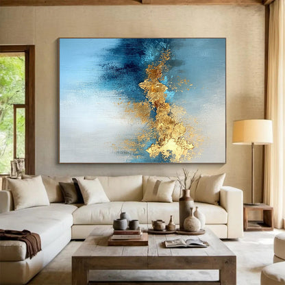 Acrylic Modern Art Paintings Blue and Gold Abstract Textured Painting For Sale HS116