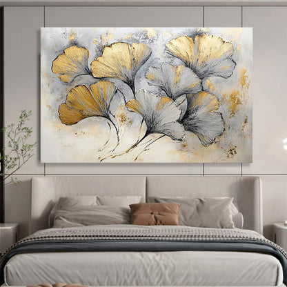 Hand Paintings with Gold, Gray and White Colors, Ginkgo Leaf Theme Abstract Art WB303