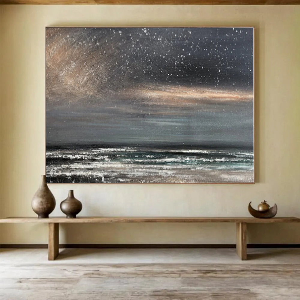 Gray, Black Abstract Starry Seascape Acrylic Painting WB035