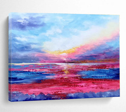 Big Size Pink, Blue and Yellow Abstract Seaside Sunset Painting WB076