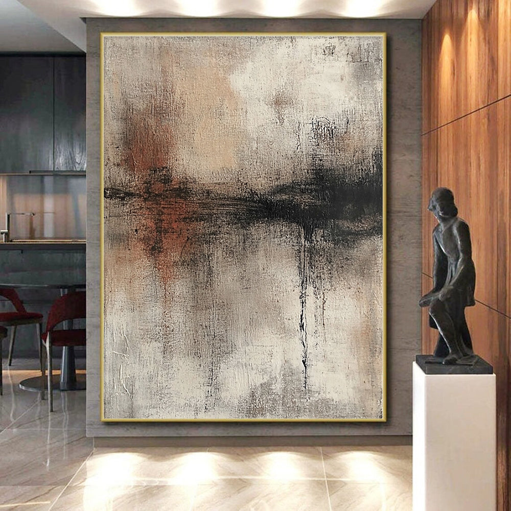 Hand-Painted Beige, Gray, and Black Abstract Textured Painting For Sale HS131