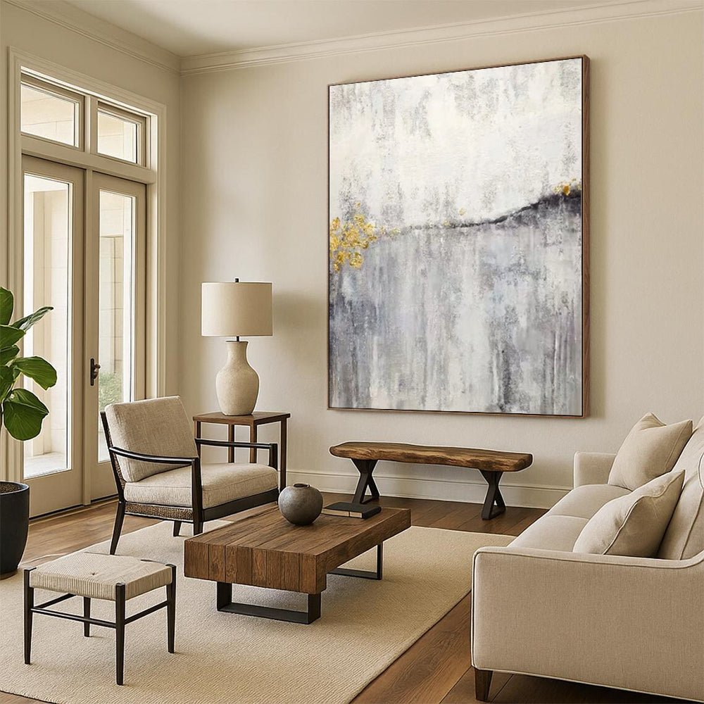 Hand-Painted Gray, White, and Gold Abstract Textured Painting For Sale HS035