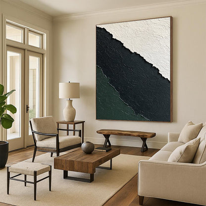 Hand-Painted Black, White, and Green Textured Layered Abstract Art HS181