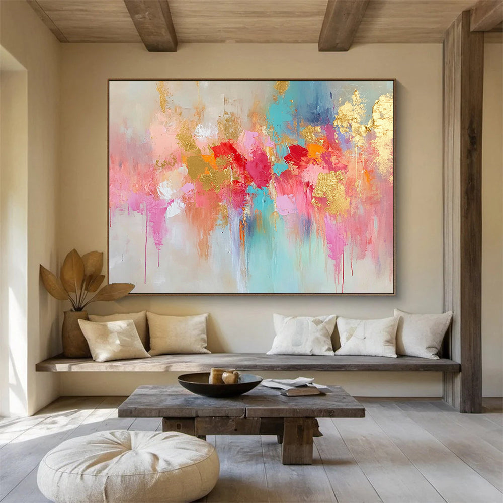 Hand Painted Art with Pink, Gold, Turquoise and Red Colors, Colorful Abstract Floral Theme WB302