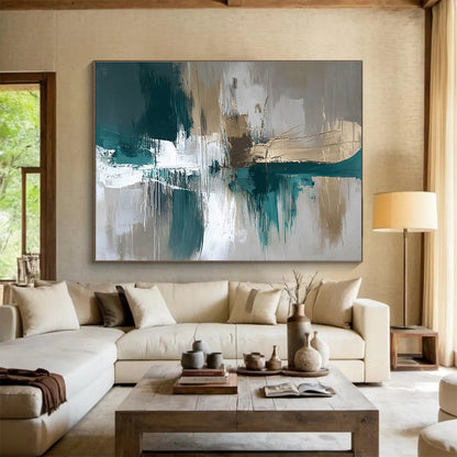 Extra Large Size Teal, Gold, Beige, and White Abstract Textured Art - Acrylic Painting WB299