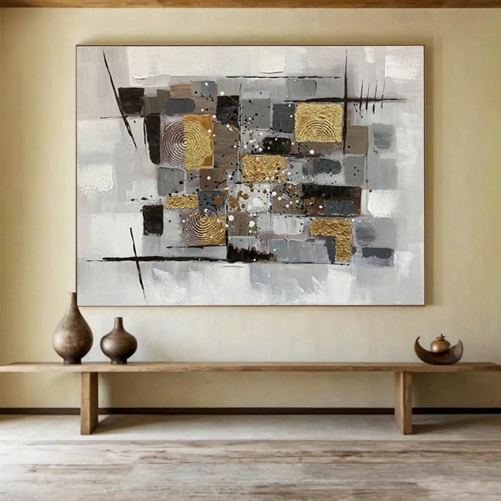 Big Size Gray, Gold and Black Abstract Geometric Painting WB091