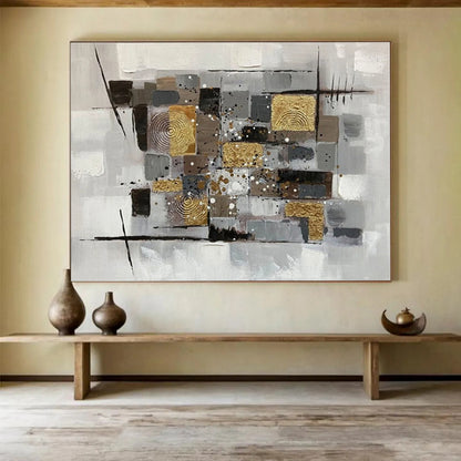 Big Size Gray, Gold and Black Abstract Geometric Painting WB091