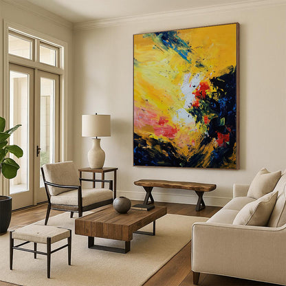 Hand-Painted Yellow, Red, and Blue Abstract Expressive Painting For Sale HS068