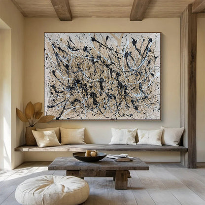 Acrylic Modern Art Paintings: Black Beige and White Splatter Abstract Painting WB364