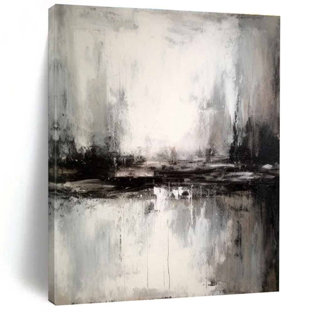 Hand-Painted Minimalist Canvas Art with Black, White, Gray Misty Textures - Large Painting In Living Room HS528