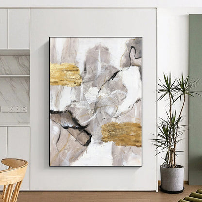 Hand-Painted Gray, White, and Gold Abstract Textured Painting For Sale HS057