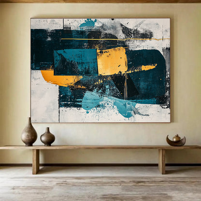 Hand Painted Art with Teal, Yellow, Black and White Colors, Geometric Abstract Theme WB326