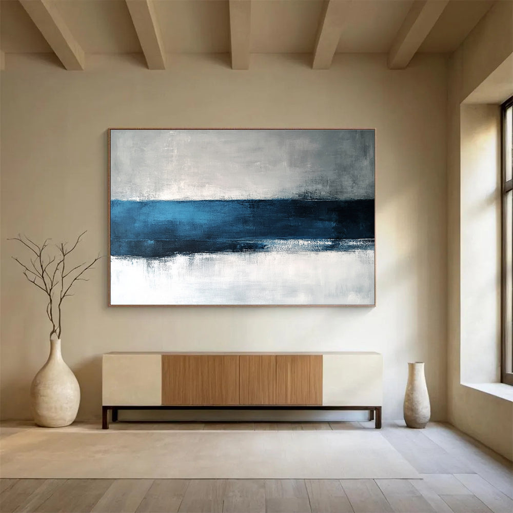 Big Size Blue, Gray, and White Abstract Minimalist Seascape - Acrylic Painting WB282