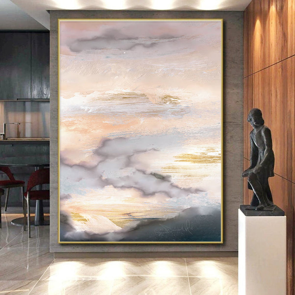 Hand-Painted Pink, Gold & Gray Cloudy Abstract, Acrylic Modern Art Painting HS241