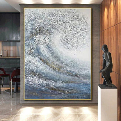 Hand Painted Art Blue & White Textured Wave Abstract, Acrylic Modern Art Painting HS258