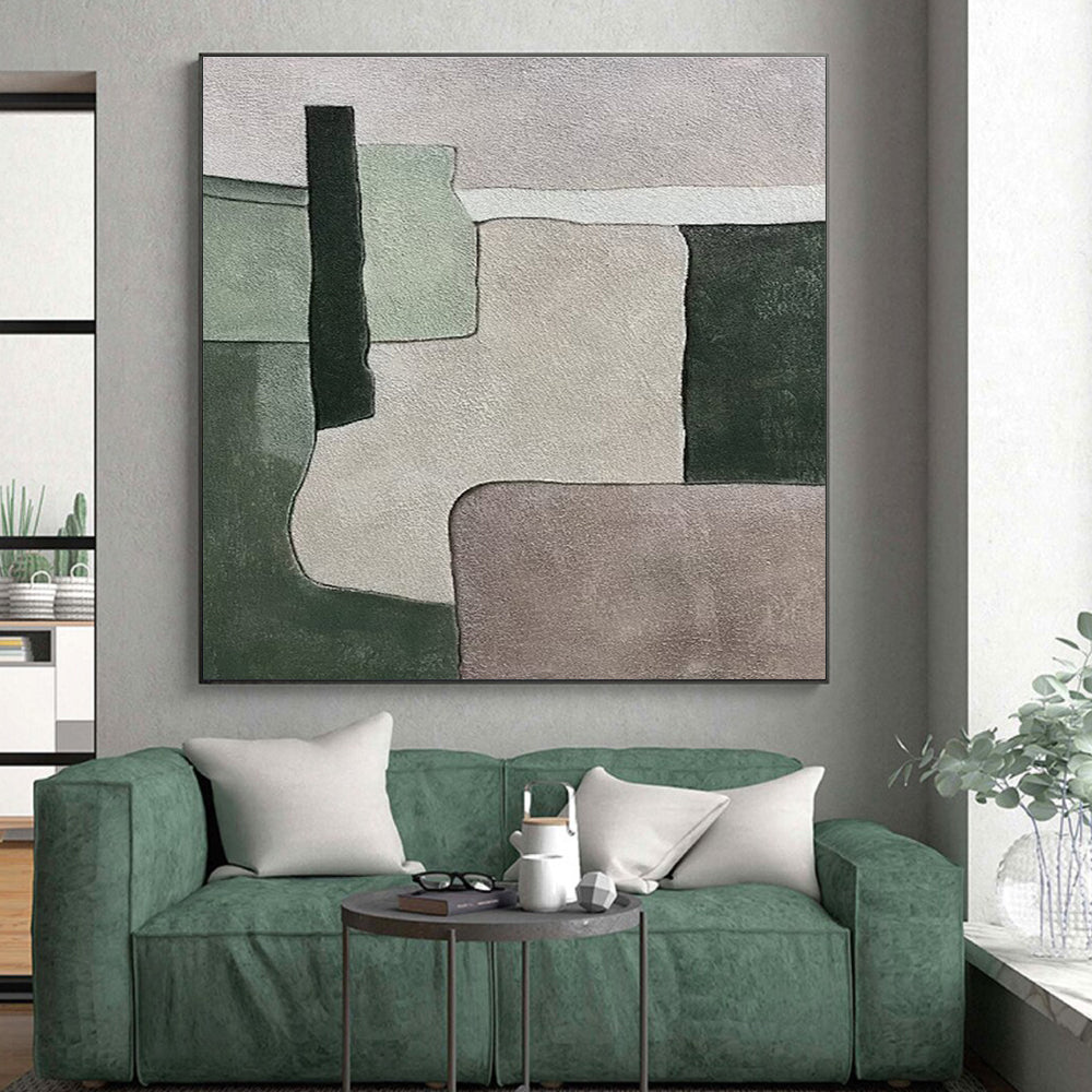 Unique Abstract Art Green & Beige Geometric Abstract, Large Contemporary Wall Art HS436