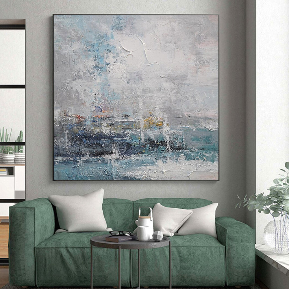 Acrylic Modern Art Paintings Blue, Gray, and White Textured Abstract Landscape HS684
