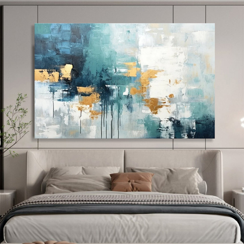Extra Large Size Teal, Gold and White Abstract Expressionist Painting WB204