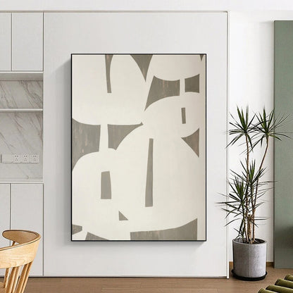 Hand-Painted White and Gray Abstract Geometric Shape Painting For Sale HS023