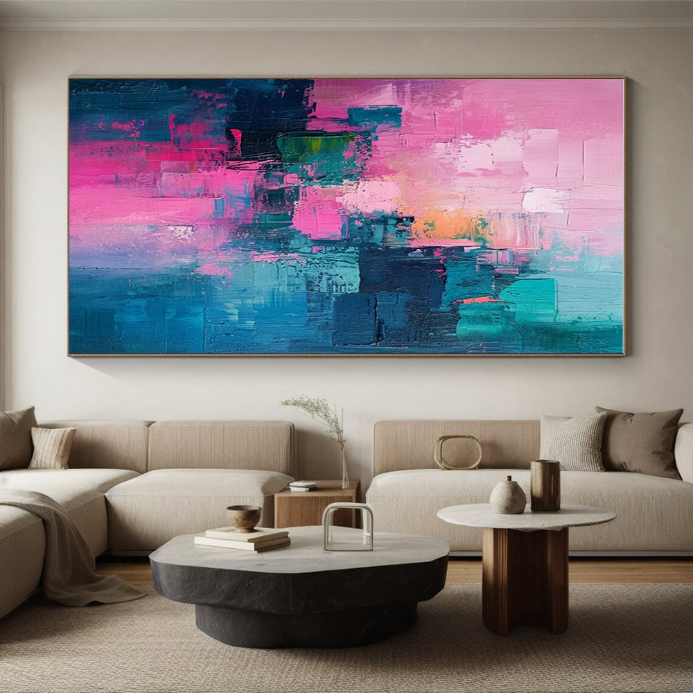 Hand Painted Art Pink & Teal Textured Blocks, Large Painting In Living Room HS225