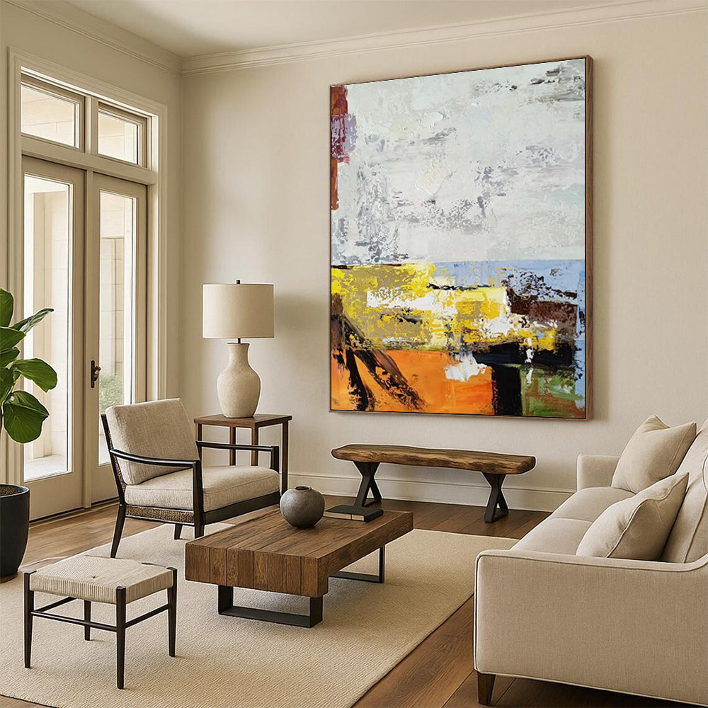 Giant Canvas Art White, Yellow & Orange Abstract, Oversized Abstract Wall Art HS206