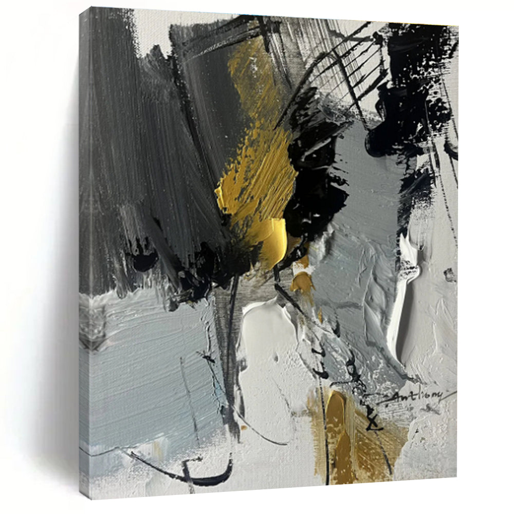 Oversized Abstract Wall Art with Gray, Black, White and Gold Colors, Energetic Abstract Theme HS466