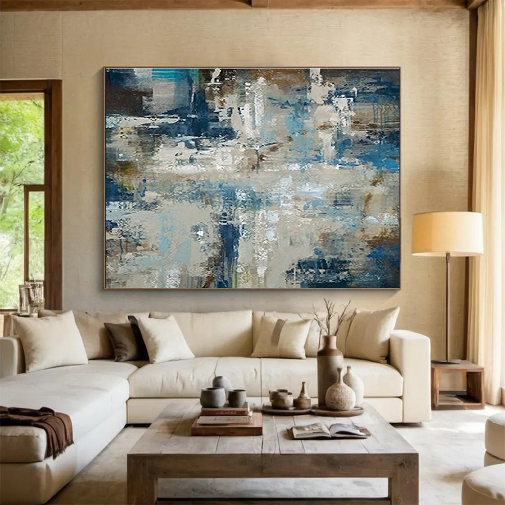 Oversized Canvas Art Blue, Gray, and Multicolor Abstract Textured Urban, Abstract Acrylic Painting WB190