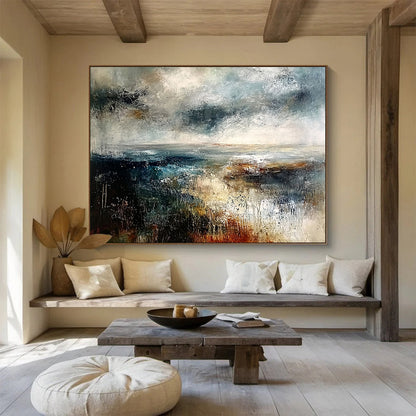 Extra Large Size Gray, Blue, and Brown Abstract Stormy Seascape - Acrylic Painting WB279